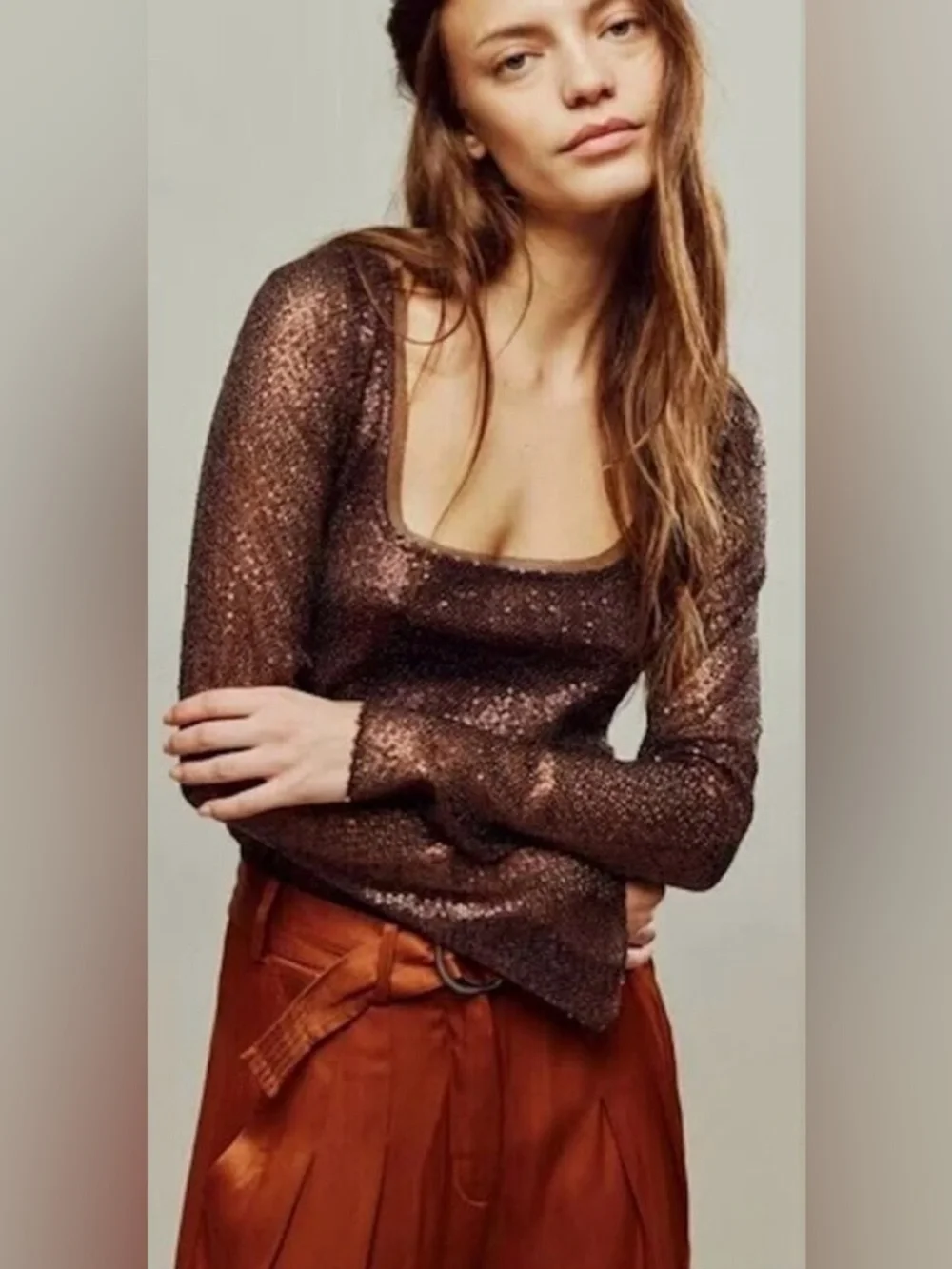 Free People - Late Night Disco Sequins Long Sleeve Fudge Brown Blouse Size Small